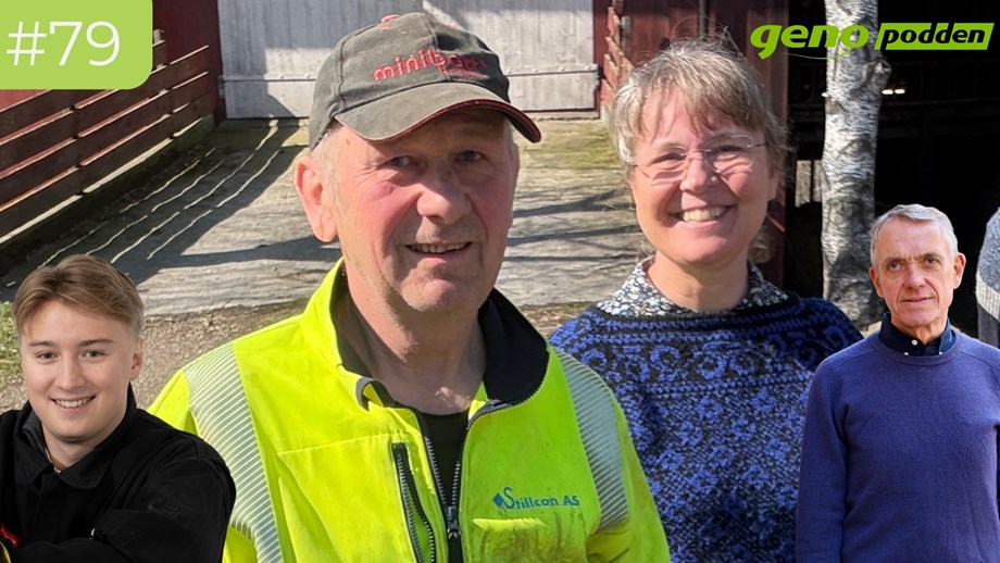 Illustrasjon hvor bilde av gjesten og programlederne er satt sammen. Genopodden-logo er også med i illustrasjonen.
