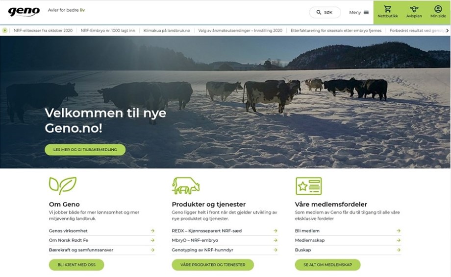 Skjermdump av Genos nye nettside.