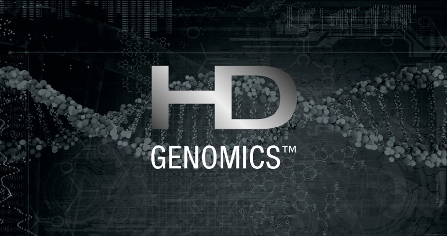 Bilde av logoen HD Genomics med DNA-tråd i bakgrunnen.