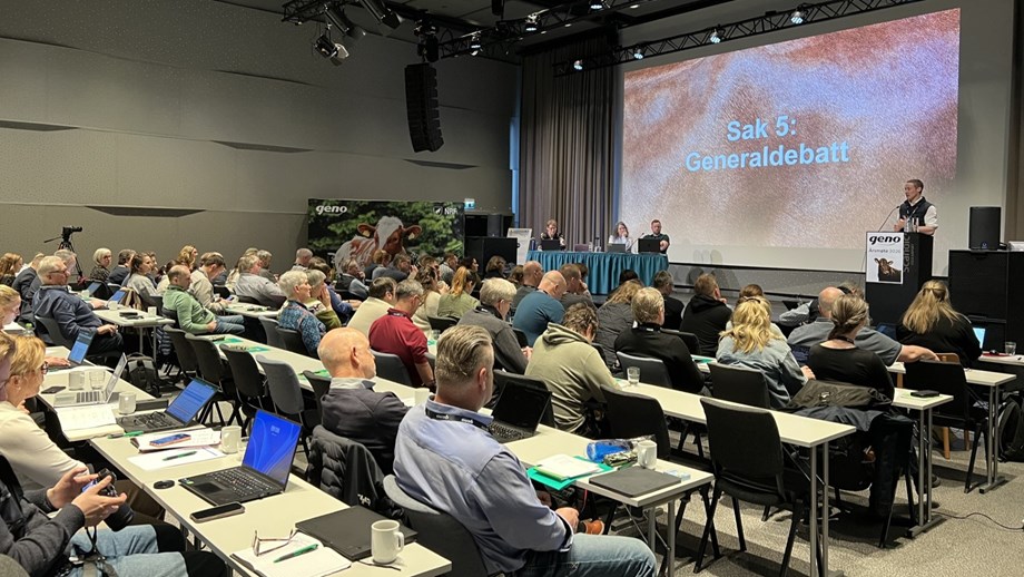 Årsmøteforsamlingen fotografert bakfra i møtesalen. Styreleder står ved talerstolen.