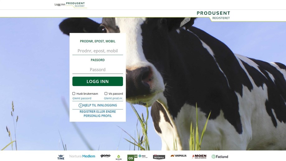 Produsentregisterets påloggingsside hvor det skal fylles inn bruker og passord. Svart og hvit ku i bakgrunnen.