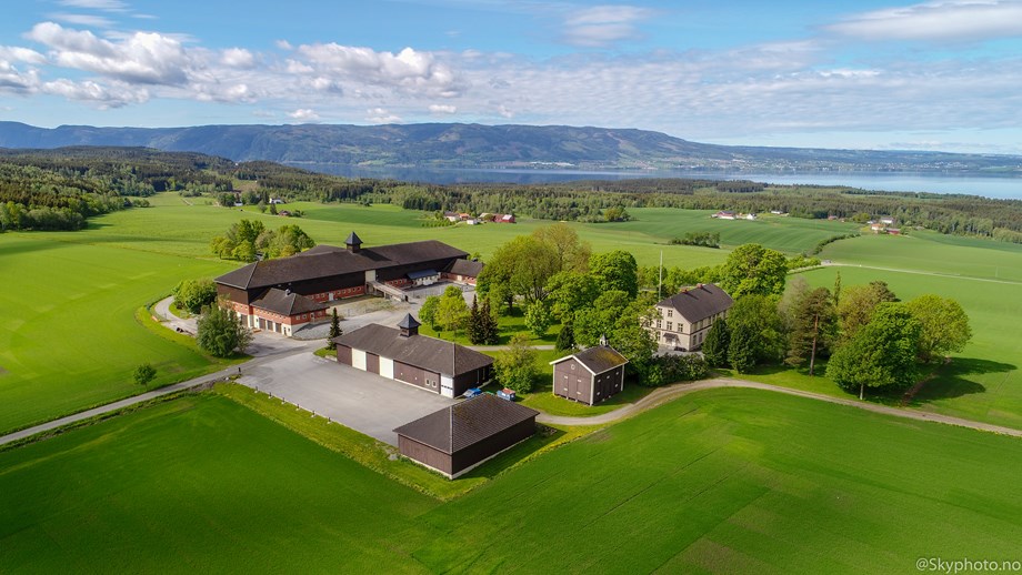 Flyfoto av gården på store Ree med hovedhus, stabbur, garasje og gamlefjøset.