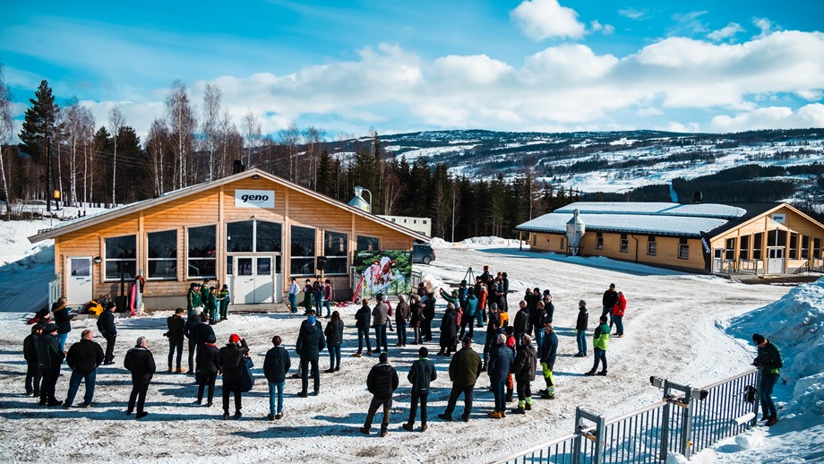 Bilde av folkemengden foran ett av de nyåpnede kalvefjøset.